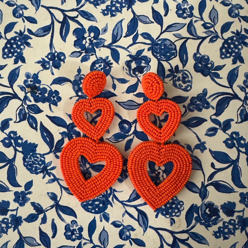 Anthropologie Bold Orange Beaded Heart Earrings